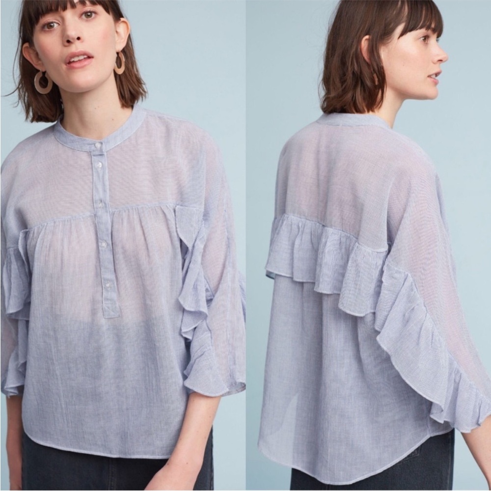 MAEVE Anthropologie Blue & White Pinstripe Ruffle Sleeve Blouse